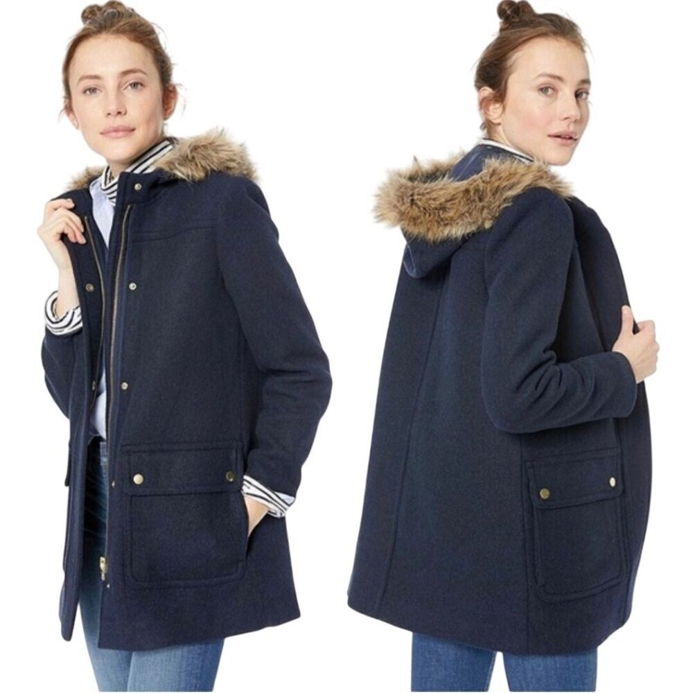 J.Crew Mercantile Vail Parka Hooded Faux Fur Trim Wool Blend Snap Zip Size XL